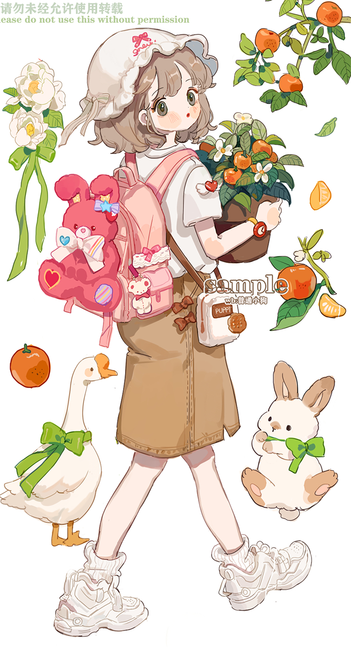 1girl, animal_bag, apple, backpack, bag, bird, bow, bowtie