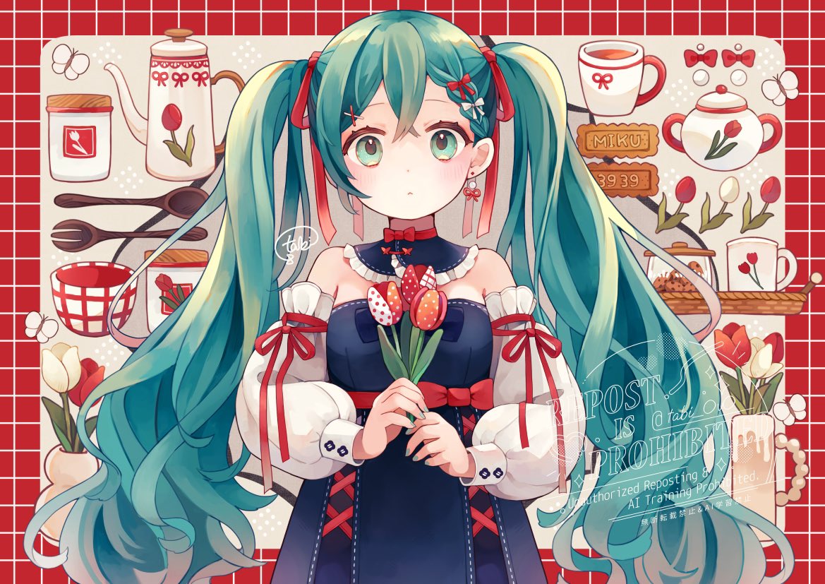 1girl, 39, alternate_costume, alternate_hair_ornament, aqua_eyes, aqua_hair, aqua_nails, bare_shoulders