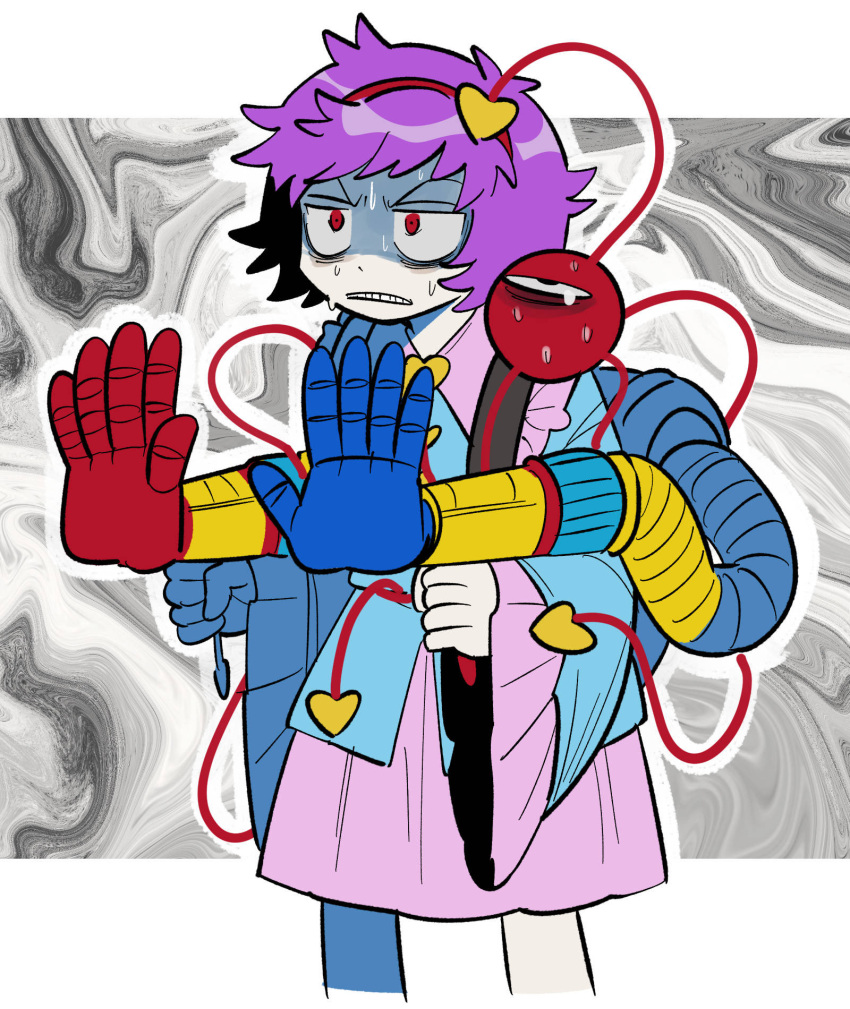 1girl, black_hairband, blouse, blue_shirt, buttons, eyeball, frilled_shirt_collar, frilled_sleeves