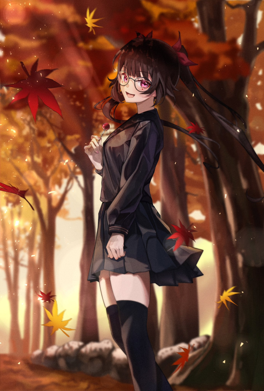 1girl, :d, arm_at_side, autumn, autumn_leaves, black_shirt, black_skirt, black_thighhighs