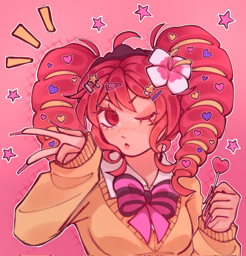 ahoge, bow, bowtie, breasts, candy, collared_shirt, drill_hair, fingernails, flower, food, gradient_background, gyaru, hair_flower, hair_ornament, hairclip, heart, heart-shaped_food, heart-shaped_lollipop, heart_hair_ornament, highres, isyuboysam, kasane_teto, kogal, lollipop, long_fingernails, magical_miracle_metagalphose_(synthv), manba_gyaru, one_eye_closed, outline, pink_background, purple_bow, purple_bowtie, purple_nails, red_eyes, red_hair, shaped_lollipop, shirt, star_(symbol), star_hair_ornament, striped_bow, striped_bowtie, striped_clothes, sweater, twin_drills, twintails, upper_body, utau, white_outline, white_shirt, yellow_sweater