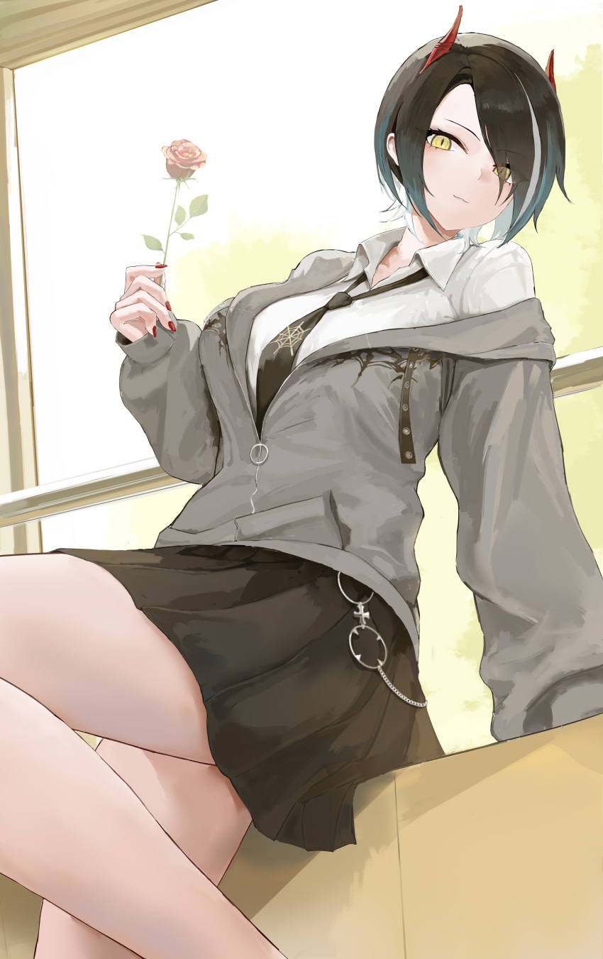 1girl, absurdres, arm_support, azur_lane, bare_legs, black_hair, black_necktie, black_skirt