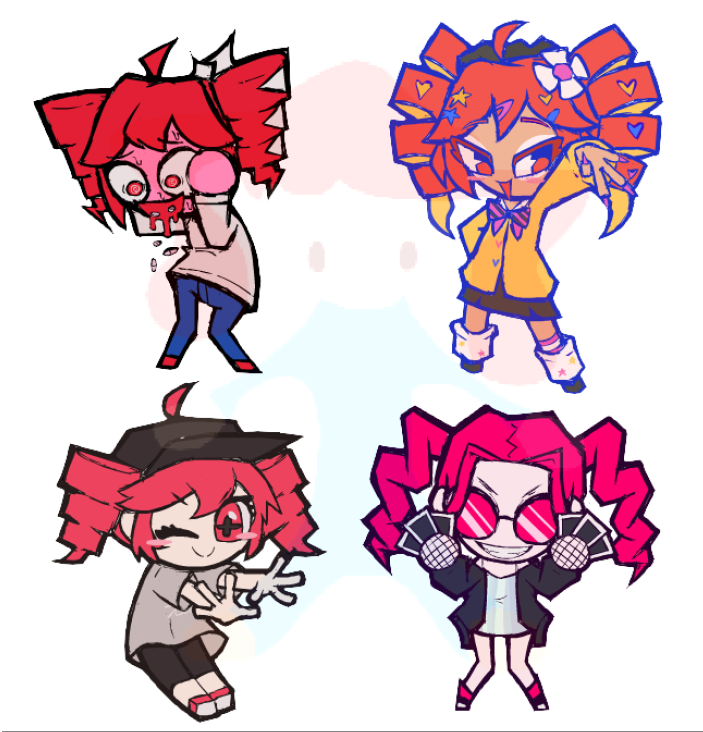 +_+, 4girls, ahoge, ataman_ita_(synthesizer_v), baseball_cap, black_hat, black_jacket, black_pants, black_shoes, black_skirt, blue_pants, blush_stickers, blush_visible_through_hair, bow, bowtie, card, clutching_head, collared_shirt, colored_skin, dnt_zk, dress, drill_hair, drooling, evil_grin, evil_smile, fewer_digits, fingernails, fishnet_gloves, fishnets, flower, glasses, gloves, grey_shirt, grin, gyaru, hair_flower, hair_ornament, hair_ribbon, hairclip, hat, headache, heart, heart_hair_ornament, holding, holding_card, igaku_(utau), jacket, kasane_teto, kogal, long_fingernails, long_sleeves, magical_miracle_metagalphose_(synthv), manba_gyaru, multiple_girls, no_fingers, one_eye_closed, opaque_glasses, override_(synthesizer_v), pants, pink-tinted_eyewear, pink_skin, purple_nails, red_eyes, red_hair, red_socks, ribbon, round_eyewear, shirt, shoes, short_sleeves, skirt, smile, socks, standing, star_(symbol), star_hair_ornament, striped_bow, striped_bowtie, striped_clothes, sweater, synthesizer_v, tinted_eyewear, twin_drills, twintails, utau, white_background, white_dress, white_ribbon, white_shirt, white_socks, wildcard_(synthesizer_v), yellow_sweater