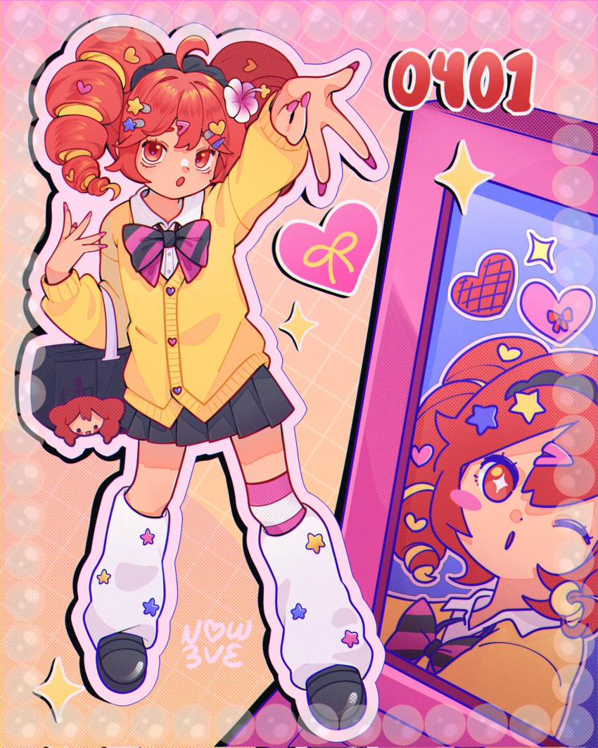 1girl, ahoge, bag, black_shoes, black_skirt, bow, bowtie, cellphone, collared_shirt, drill_hair, fingernails, flip_phone, flower, gyaru, gyaru_v, hair_flower, hair_ornament, hairclip, heart, heart_hair_ornament, highres, kasane_teto, kogal, long_fingernails, magical_miracle_metagalphose_(synthv), manba_gyaru, mimi_kakk, multiple_views, one_eye_closed, outline, phone, pink_outline, pleated_skirt, purple_nails, red_eyes, red_hair, shirt, shoes, shoulder_bag, skirt, socks, star_(symbol), star_hair_ornament, striped_bow, striped_bowtie, striped_clothes, sweater, twin_drills, twintails, utau, v, white_shirt, white_socks, yellow_sweater