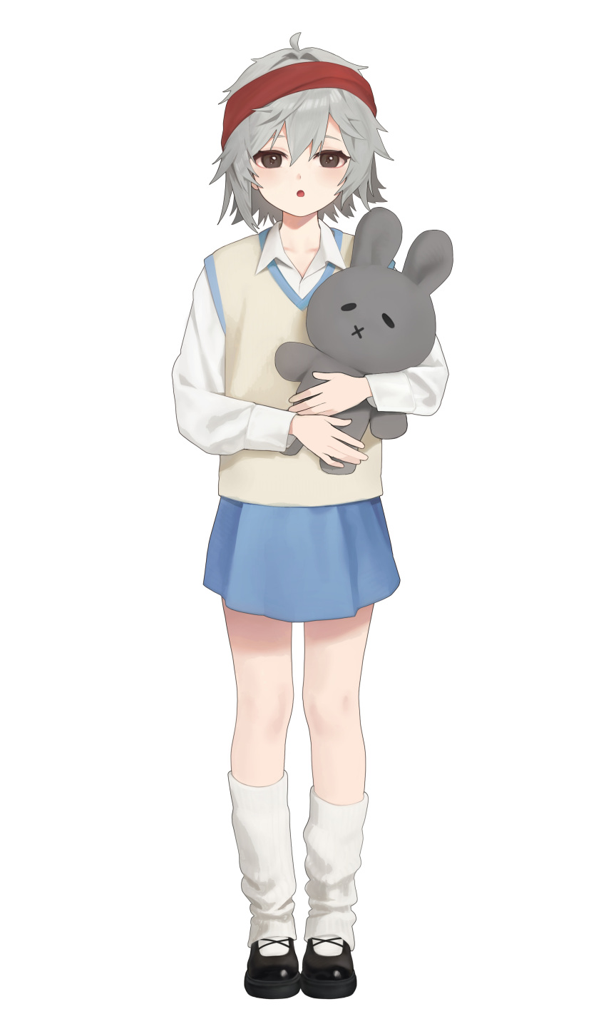 1girl, absurdres, alternate_costume, bandana, black_shoes, blue_skirt, brown_eyes, collared_shirt