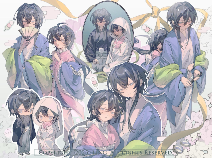 1boy, 1girl, black_haori, black_kimono, blue_eyes, blue_haori, blue_sash, bow