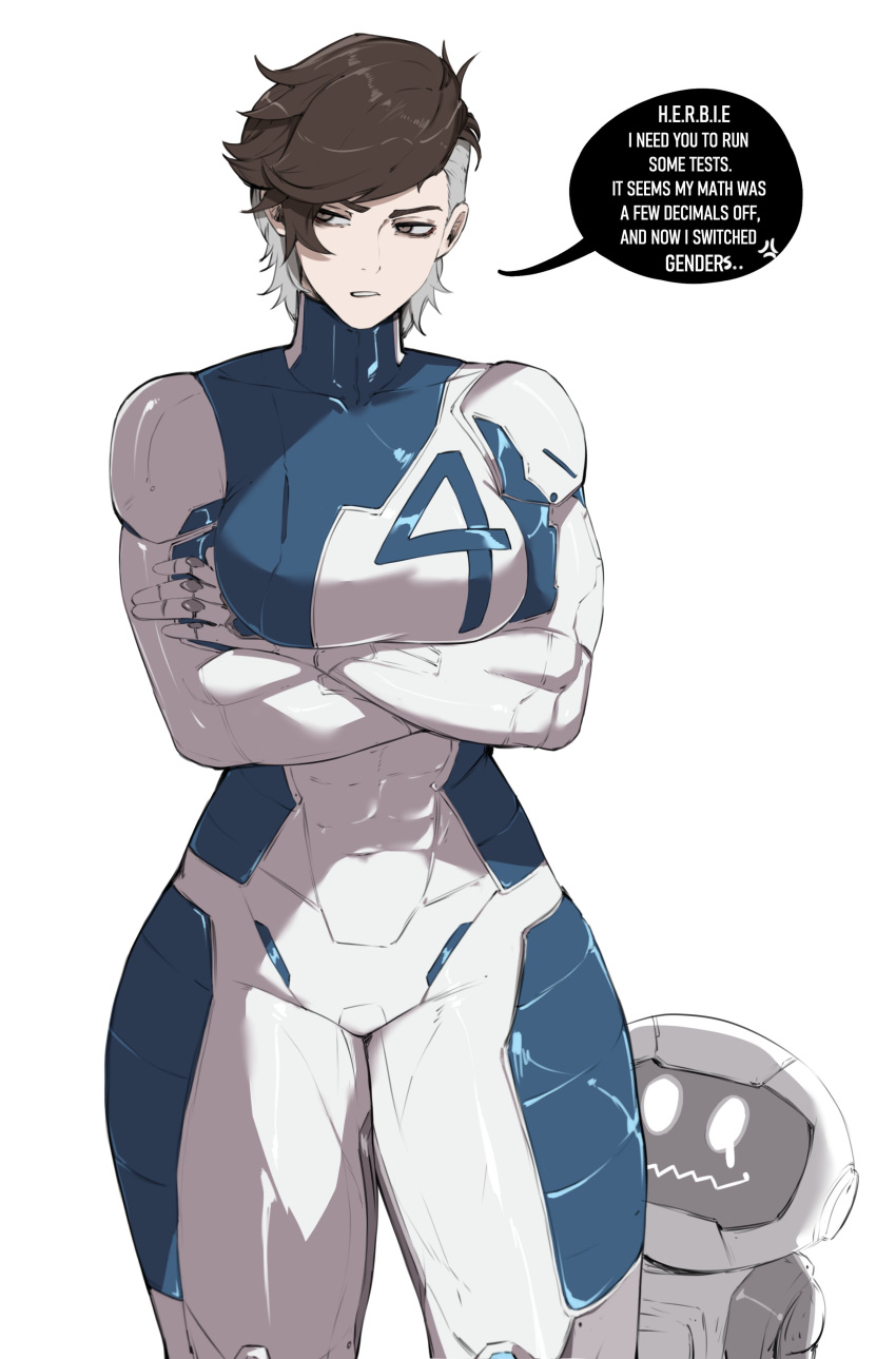 1girl, absurdres, blue_bodysuit, blue_eyes, bodysuit, breasts, brown_hair, fantastic_four, genderswap, genderswap_(mtf), h.e.r.b.i.e., highres, marvel, marvel_rivals, masoq, muscular, reed_richards, short_hair, superhero_costume, two-tone_bodysuit, white_background, white_bodysuit