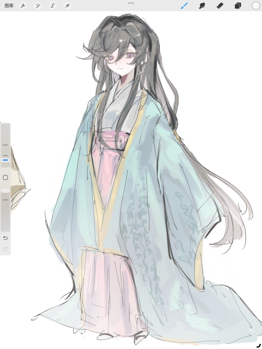 1girl, absurdres, aqua_haori, art_program_in_frame, black_hair, call_of_cthulhu, chinese_commentary, closed_mouth, commentary_request, earrings, full_body, glint, gold_trim, hair_between_eyes, hair_intakes, hakama, hakama_skirt, haori, highres, japanese_clothes, jewelry, kimono, liningne, long_hair, long_sleeves, original, pink_hakama, procreate_(medium), procreate_(software), sandals, sidelocks, simple_background, sketch, skirt, sleeves_past_fingers, sleeves_past_wrists, socks, solo, very_long_hair, violet_eyes, white_background, white_kimono, white_socks, yishu_shi_si