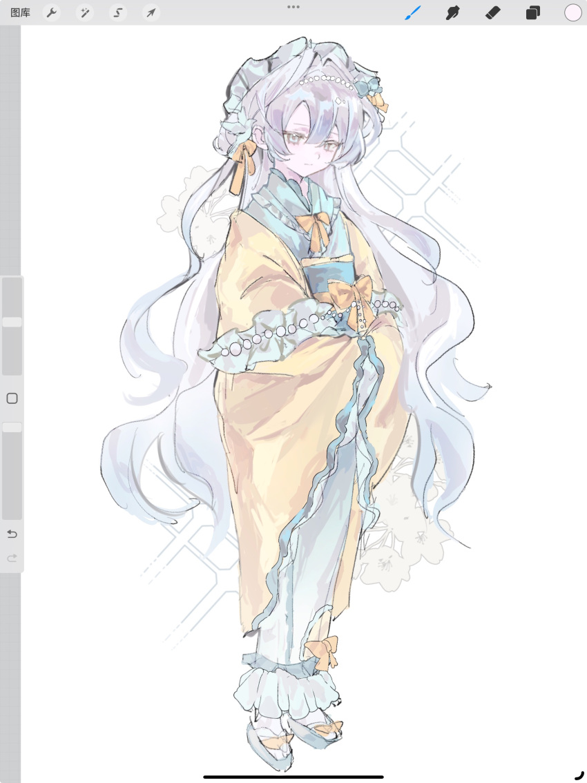 1girl, absurdres, aqua_eyes, aqua_kimono, aqua_sandals, aqua_sash, art_program_in_frame, bow