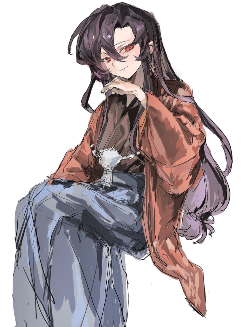 1boy, absurdres, black_hair, blue_hakama, brown_kimono, closed_mouth, curtained_hair, earrings