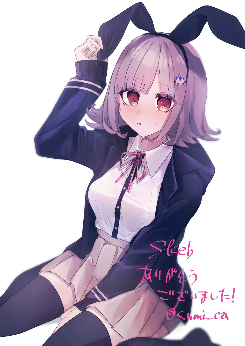 1girl, absurdres, animal_ears, black_jacket, black_thighhighs, blunt_bangs, blush, brown_hair, brown_skirt, ch2sh, collared_shirt, commentary_request, commission, danganronpa_(series), danganronpa_2:_goodbye_despair, eyelashes, eyes_visible_through_hair, fake_animal_ears, flipped_hair, hand_up, highres, hood, hood_down, hooded_jacket, jacket, knees_out_of_frame, looking_at_viewer, medium_hair, miniskirt, nanami_chiaki, neck_ribbon, open_clothes, open_jacket, parted_lips, pink_ribbon, pleated_skirt, rabbit_ears, red_eyes, ribbon, shirt, shy, simple_background, sitting, skeb_commission, skirt, sleeves_past_wrists, solo, sweatdrop, thigh-highs, wariza, white_background, white_shirt, zettai_ryouiki