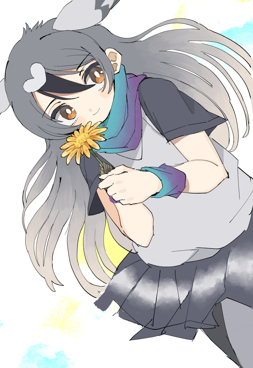 1girl, absurdres, bird_girl, bird_tail, bird_wings, blue_scarf, dandelion, flower