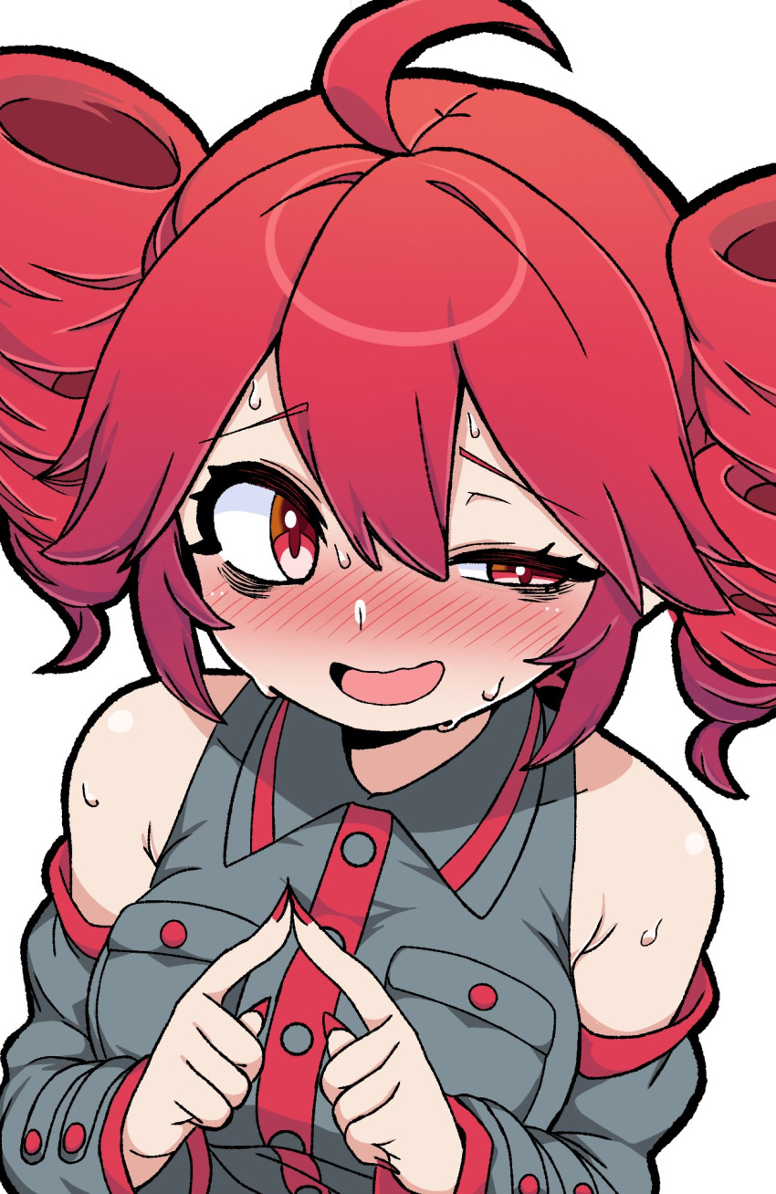 1girl, :d, ahoge, aroused, bad_id, bad_twitter_id, bare_shoulders, blush