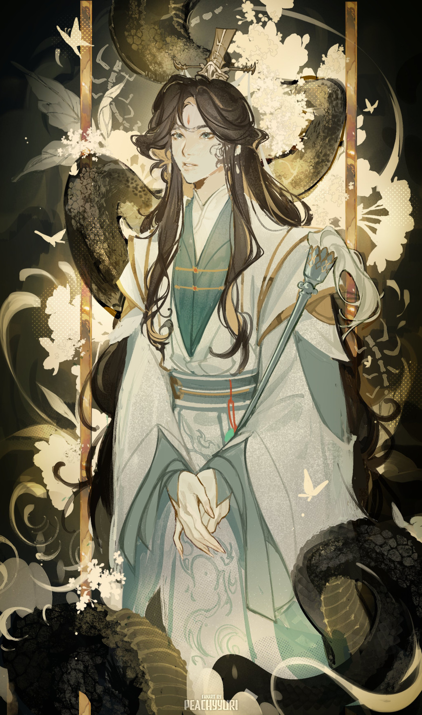 1boy, absurdres, brown_hair, bug, butterfly, chinese_clothes, cowboy_shot, earrings