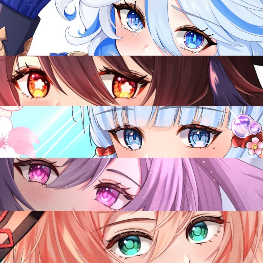 5girls, aqua_eyes, aqua_pupils, blue_eyes, blue_hair, blue_pupils, brown_hair, close-up