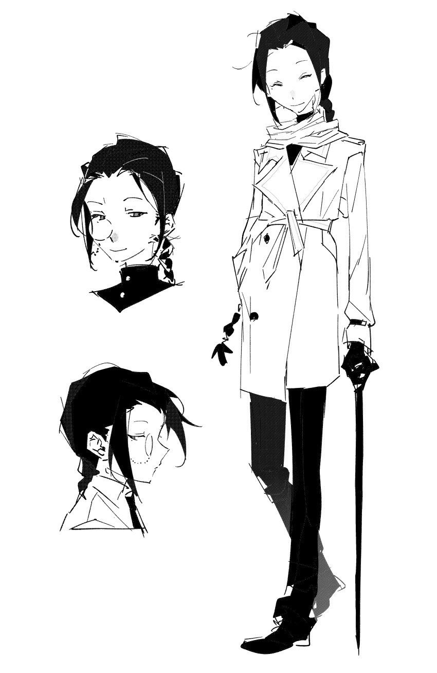 1boy, absurdres, braid, cane, chinese_commentary, chuanhua, closed_mouth, coat