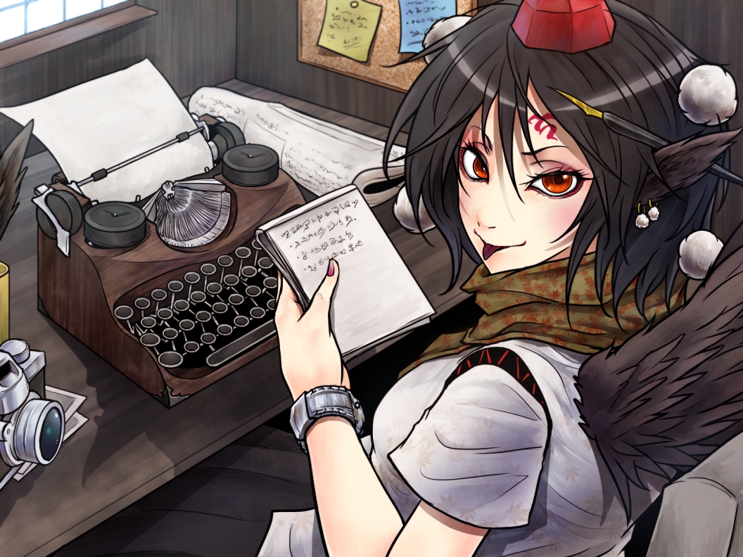 1girl, animal_ears, bird_ears, bird_wings, black_hair, black_wings, camera, closed_mouth, commentary_request, desk, hat, holding, holding_notepad, indoors, looking_at_viewer, notepad, orange_eyes, pen_in_hair, pom_pom_(clothes), red_hat, ryuuichi_(f_dragon), shameimaru_aya, shirt, short_hair, smile, solo, tokin_hat, tongue, tongue_out, touhou, translation_request, typewriter, upper_body, white_shirt, wings