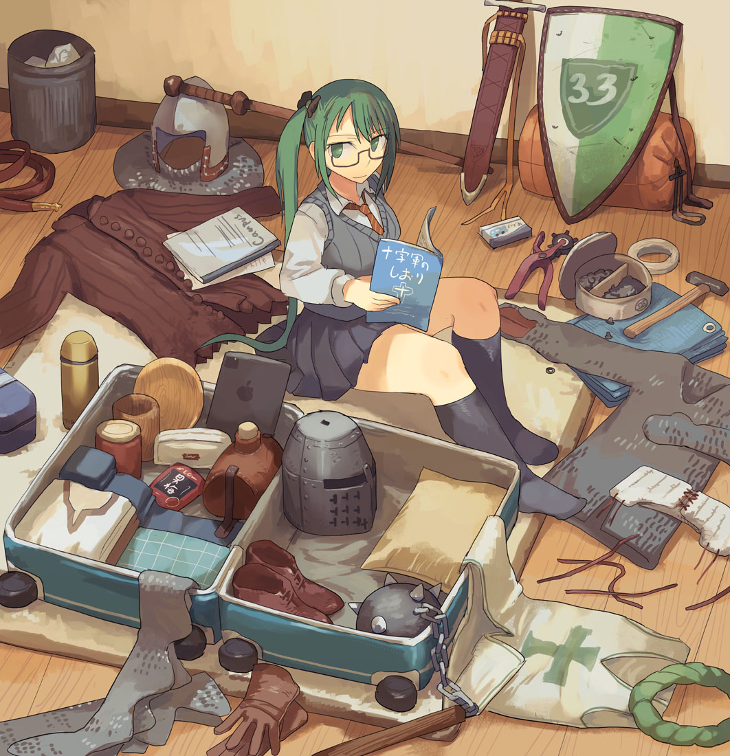 .live, 1girl, armor, black_socks, chainmail, container, flail, glasses