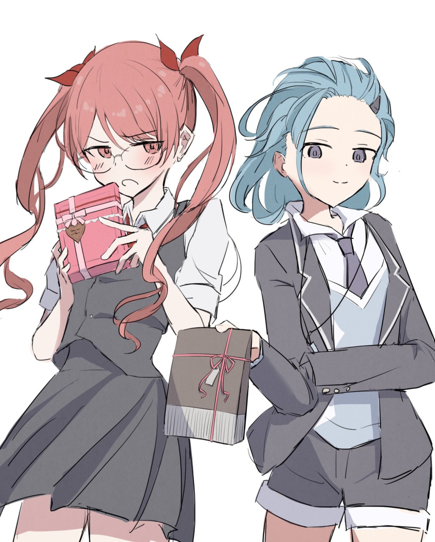 2girls, :o, black_dress, black_jacket, black_shorts, blue_eyes, blue_hair, blue_vest, box, box_of_chocolates, closed_mouth, collared_shirt, dress, frederica_nikola_tesla, glasses, highres, holding, honkai_(series), honkai_impact_3rd, jacket, lieserl_albert_einstein, long_hair, looking_at_viewer, multiple_girls, necktie, open_mouth, pinafore_dress, red_eyes, red_hair, red_necktie, shirt, short_hair, shorts, simple_background, skknb71, sleeveless, sleeveless_dress, smile, twintails, vest, white_background, white_shirt