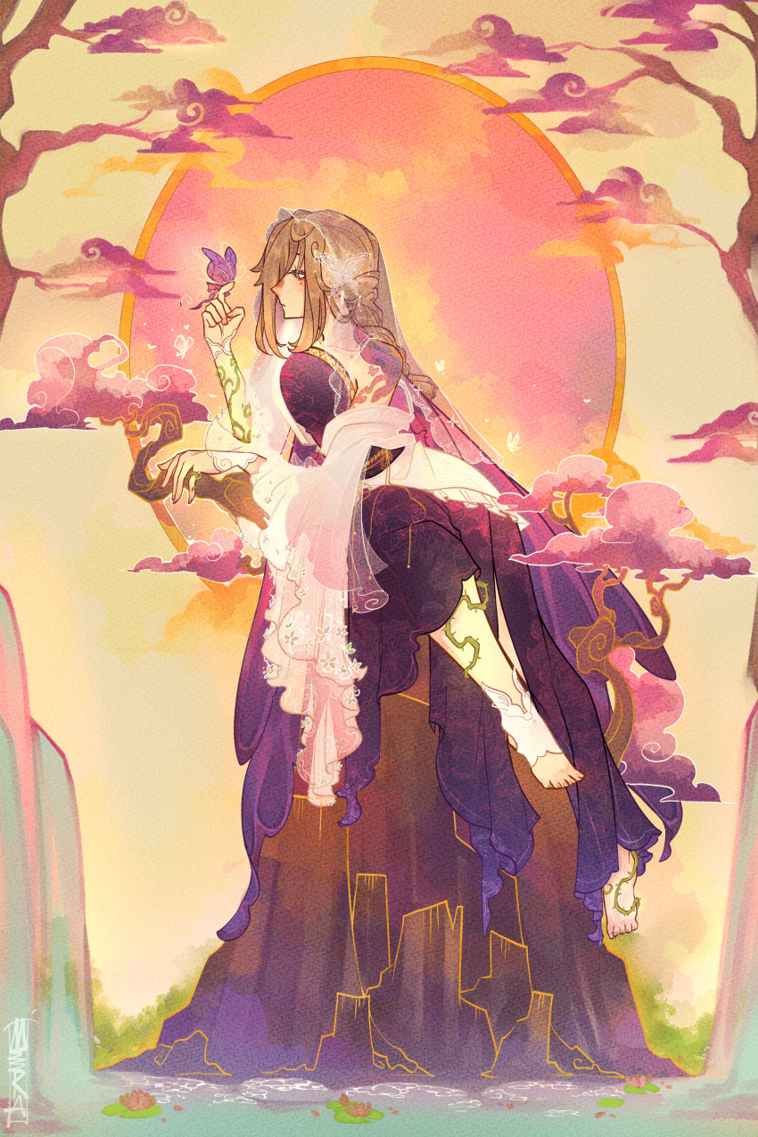 1girl, absurdres, aponia_(honkai_impact), blackhuajia, brown_hair, bug, butterfly, closed_mouth