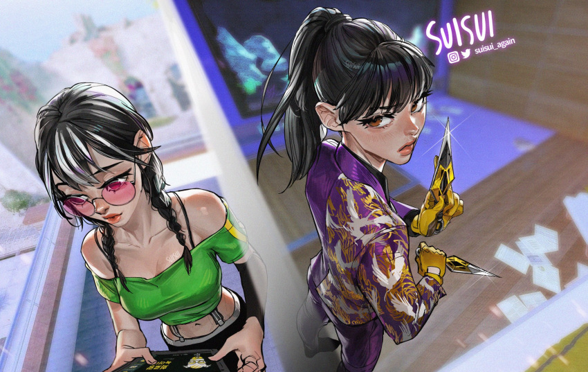 2girls, artist_name, azami_(rainbow_six_siege), black-framed_eyewear, bra_strap, braid, breasts, dokkaebi_(rainbow_six_siege)