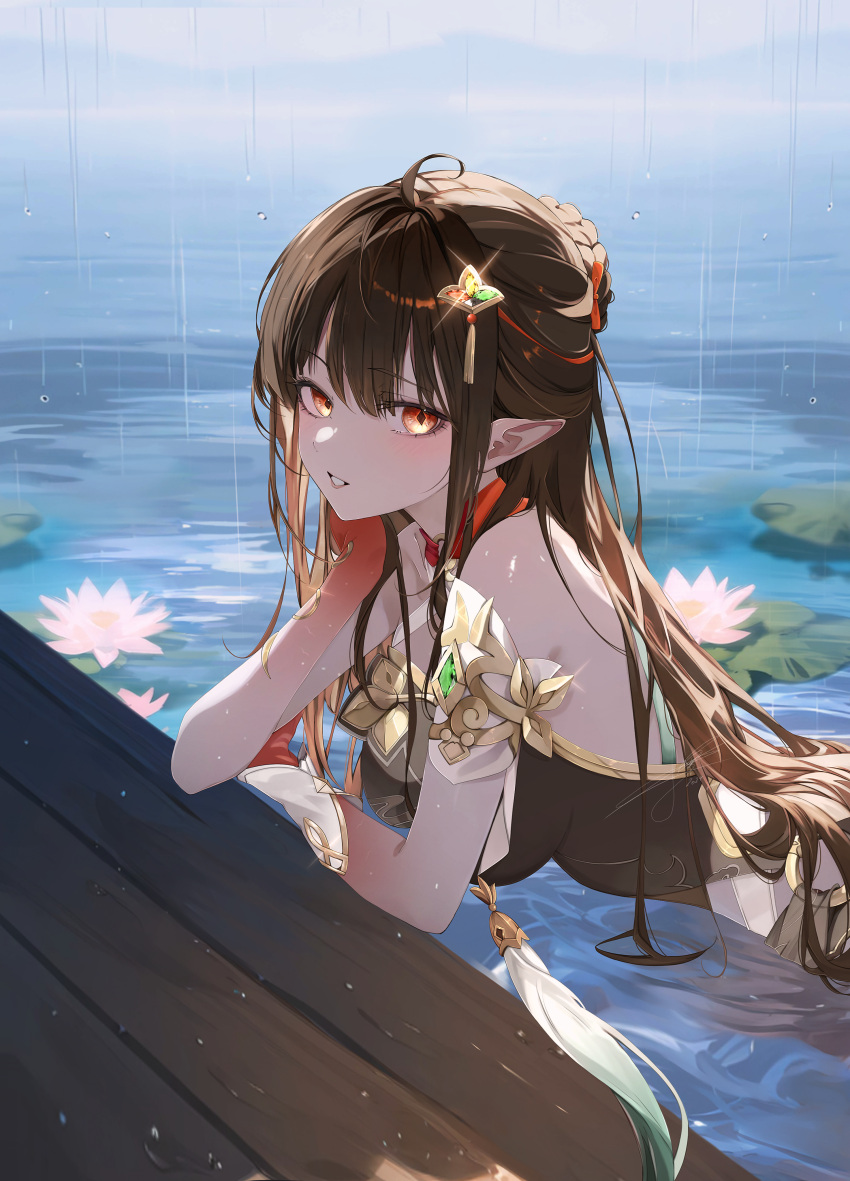 1girl, absurdres, black_dress, breasts, brown_hair, dress, flower, highres
