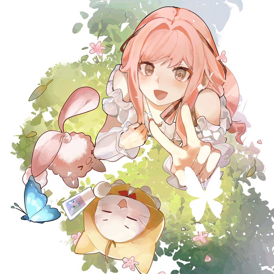 1girl, ^_^, ahoge, animal, arm_cutout, bare_shoulders, bead_necklace, beads, blue_butterfly, blushbunny, bow, bowtie, brown_eyes, brown_ribbon, bug, butterfly, cat, cloak, closed_eyes, clothed_animal, commentary_request, ear_covers, eyelashes, fingernails, flower, frilled_shirt, frilled_sleeves, frills, from_above, hair_intakes, hair_ribbon, hand_on_own_chest, happy, holding, holding_photo, hood, hood_up, hooded_cloak, infinity_nikki, jewelry, leaf, light_blush, long_hair, long_sleeves, looking_at_viewer, low_twintails, momo_(nikki), necklace, nikki_(nikki), nikki_(series), off-shoulder_shirt, off_shoulder, open_mouth, outstretched_arm, petals, photo_(object), pink_bow, pink_bowtie, pink_flower, pink_hair, rabbit, red_bow, red_bowtie, ribbon, shirt, sidelocks, single_stripe, smile, striped_bow, striped_bowtie, striped_clothes, tress_ribbon, twintails, v, very_long_hair, wavy_hair, whiskers, white_background, white_cat, white_shirt, xoaiu, yellow_cloak