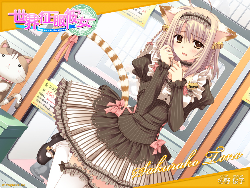 animal_ears, brown_eyes, nishimata_aoi, sekai_seifuku_kanojo, tail, thigh-highs, thighhighs, touno_sakurako