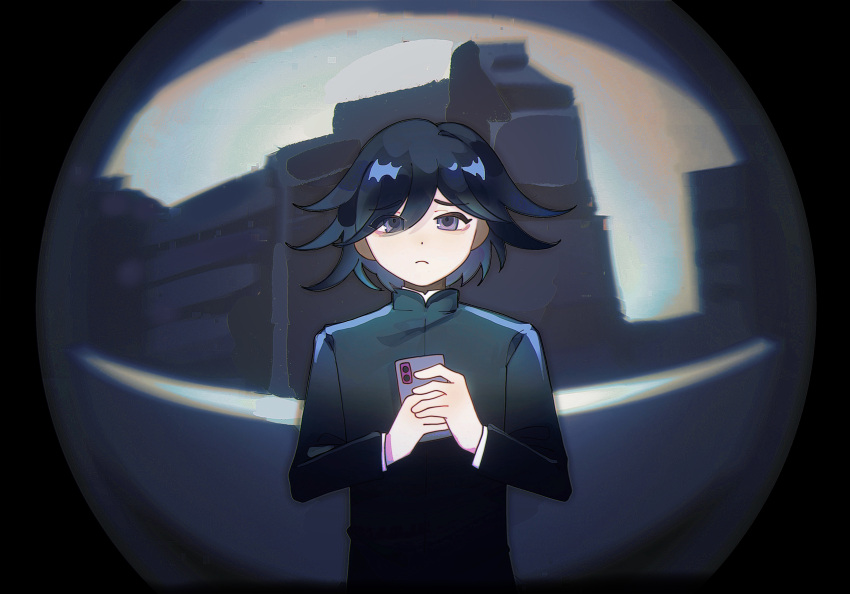1boy, absurdres, black_border, black_jacket, border, camera, cellphone, chinese_commentary