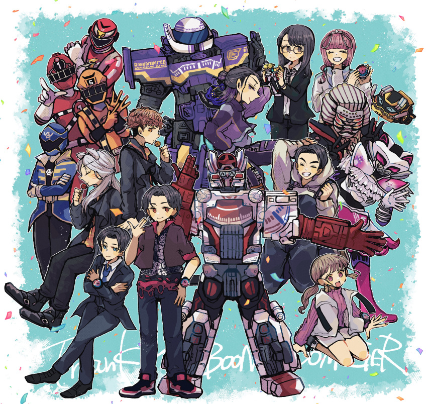 absurdres, akuse_jou, bakuage_sentai_boonboomger, belt, black_hair, bodysuit, brown_eyes, brown_hair