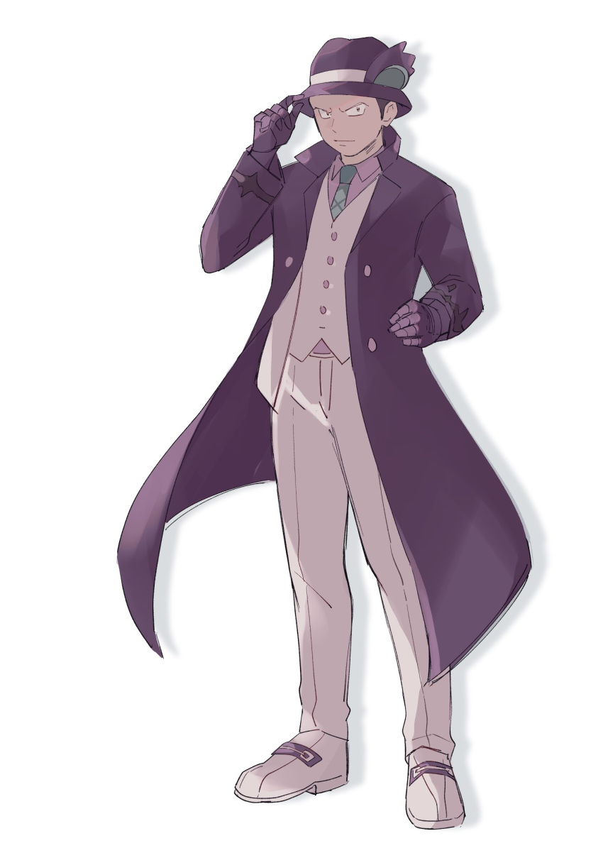 1boy, black_hair, closed_mouth, coat, collared_shirt, full_body, giovanni_(pokemon), giovanni_(sygna_suit)_(pokemon), gloves, green_necktie, hand_on_headwear, hat, highres, looking_at_viewer, male_focus, necktie, official_alternate_costume, oniwa, open_clothes, pants, pokemon, pokemon_masters_ex, purple_coat, purple_gloves, purple_hat, purple_shirt, shirt, shoes, short_hair, simple_background, solo, standing, vest, white_background, white_pants, white_shoes, white_vest