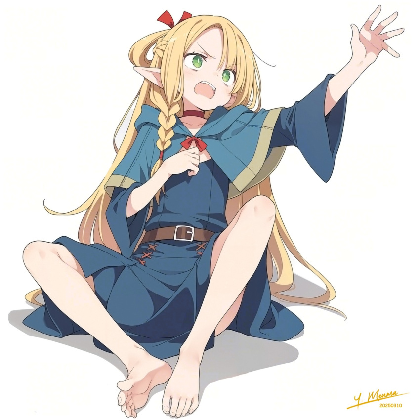 1girl, barefoot, belt, blonde_hair, blue_robe, capelet, dungeon_meshi, feet