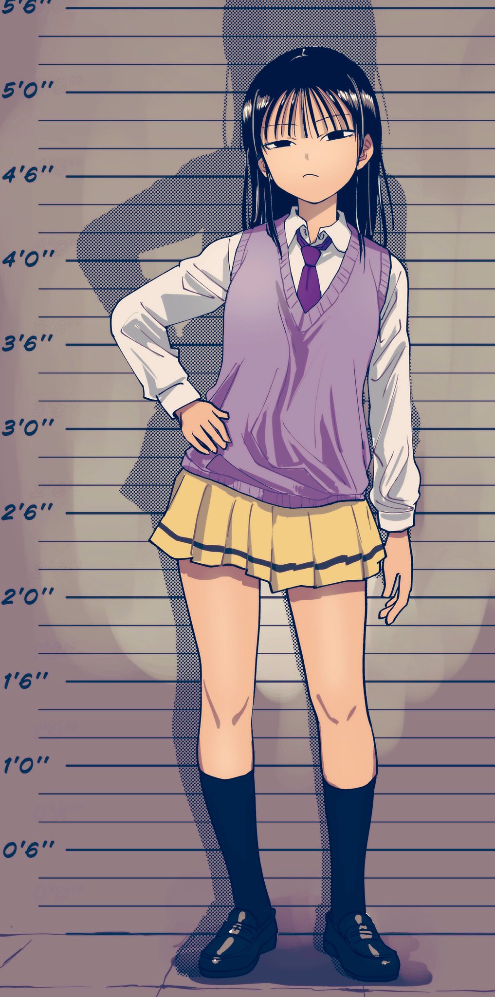 1girl, black_hair, hands_on_own_hips, height_chart, height_lineup, highres, leon_kame, long_hair