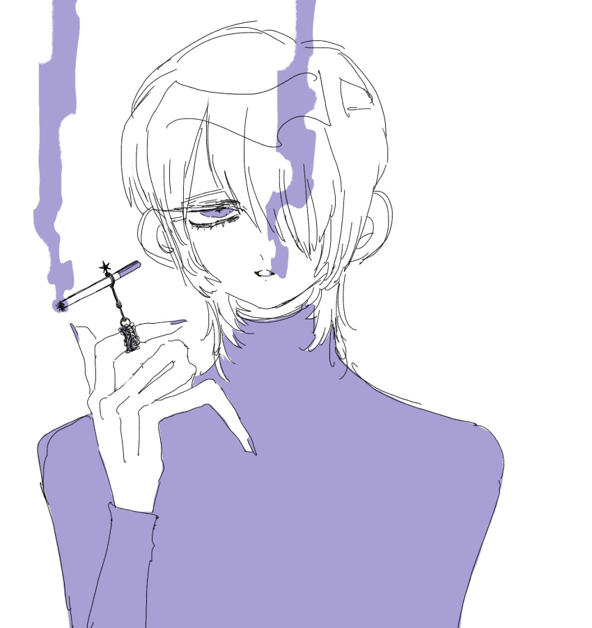 1boy, bad_anatomy, bad_hands, bishounen, cigarette, colored_smoke, expressionless, eye_focus, eyelashes, hair_over_one_eye, half-closed_eye, highres, jewelry, legato_bluesummers, long_eyelashes, looking_at_viewer, male_focus, medium_hair, nail_polish, purple_theme, ring, shirt, simple_background, sketch, smoke, smoking, solo, spot_color, star_ornament, straight-on, straight_hair, swept_bangs, trigun, turtleneck, turtleneck_shirt, white_background, wolf_cut, yrsinrbkrikd
