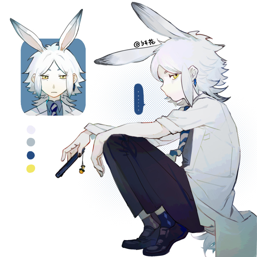 ..., 1boy, animal_ears, black_nails, black_pants, black_shoes, blue_necktie, blue_socks