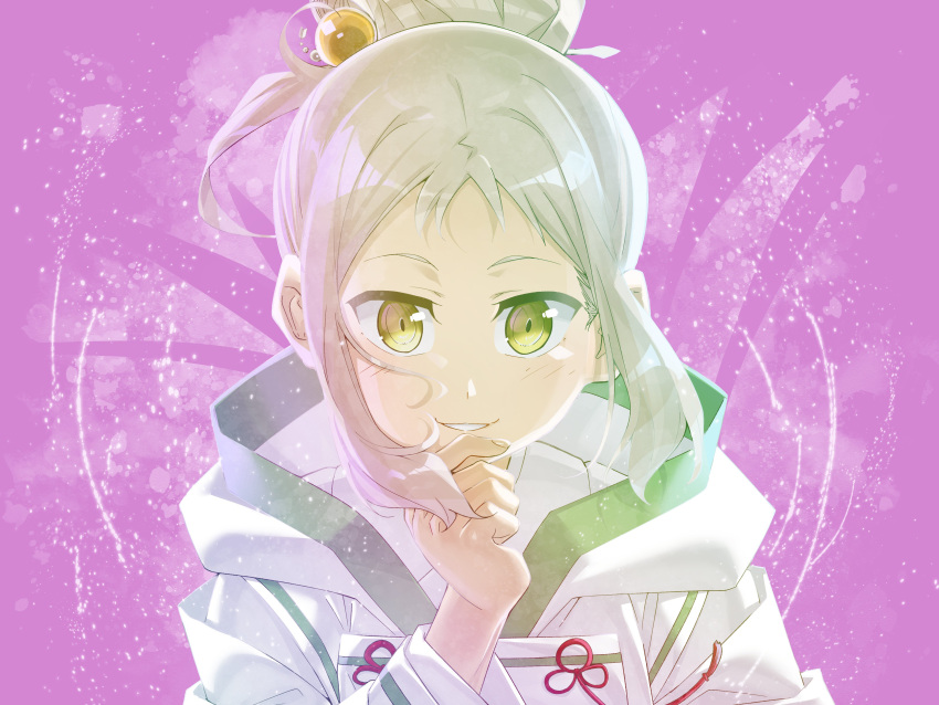 1girl, absurdres, green_eyes, hair_bun, hair_ornament, hand_on_own_chin, highres, japanese_clothes