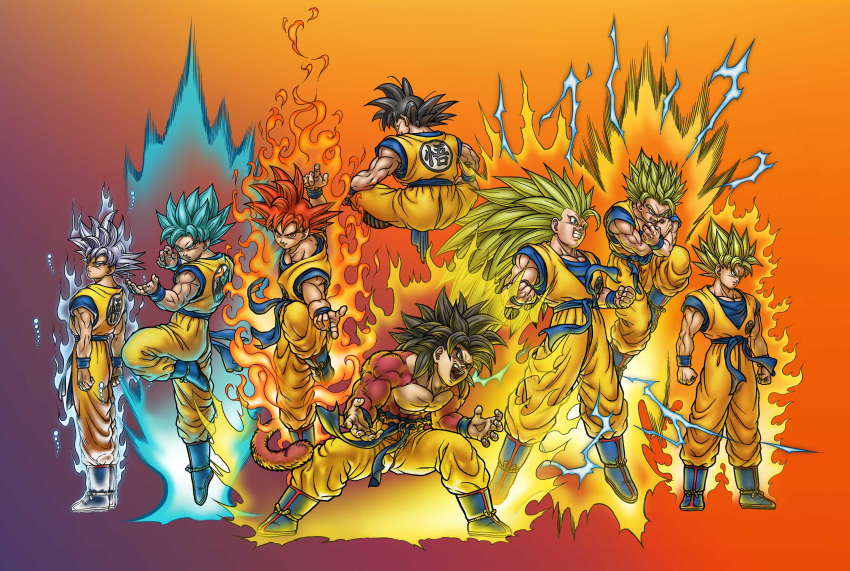 aura, black_hair, blue_eyes, blue_sash, body_fur, closed_mouth, dougi, dragon_ball