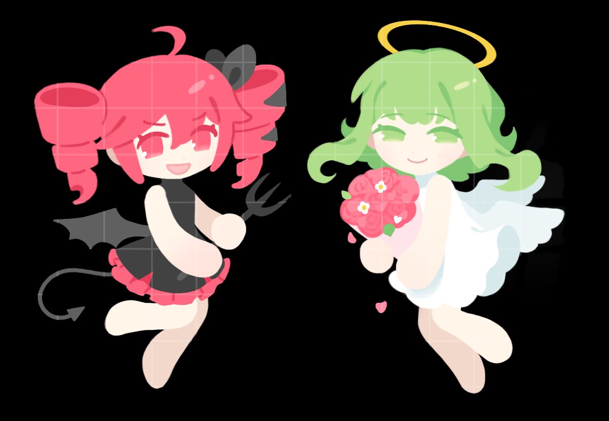2girls, ahoge, alternate_costume, angel, angel_wings, aurora, black_background, black_dress