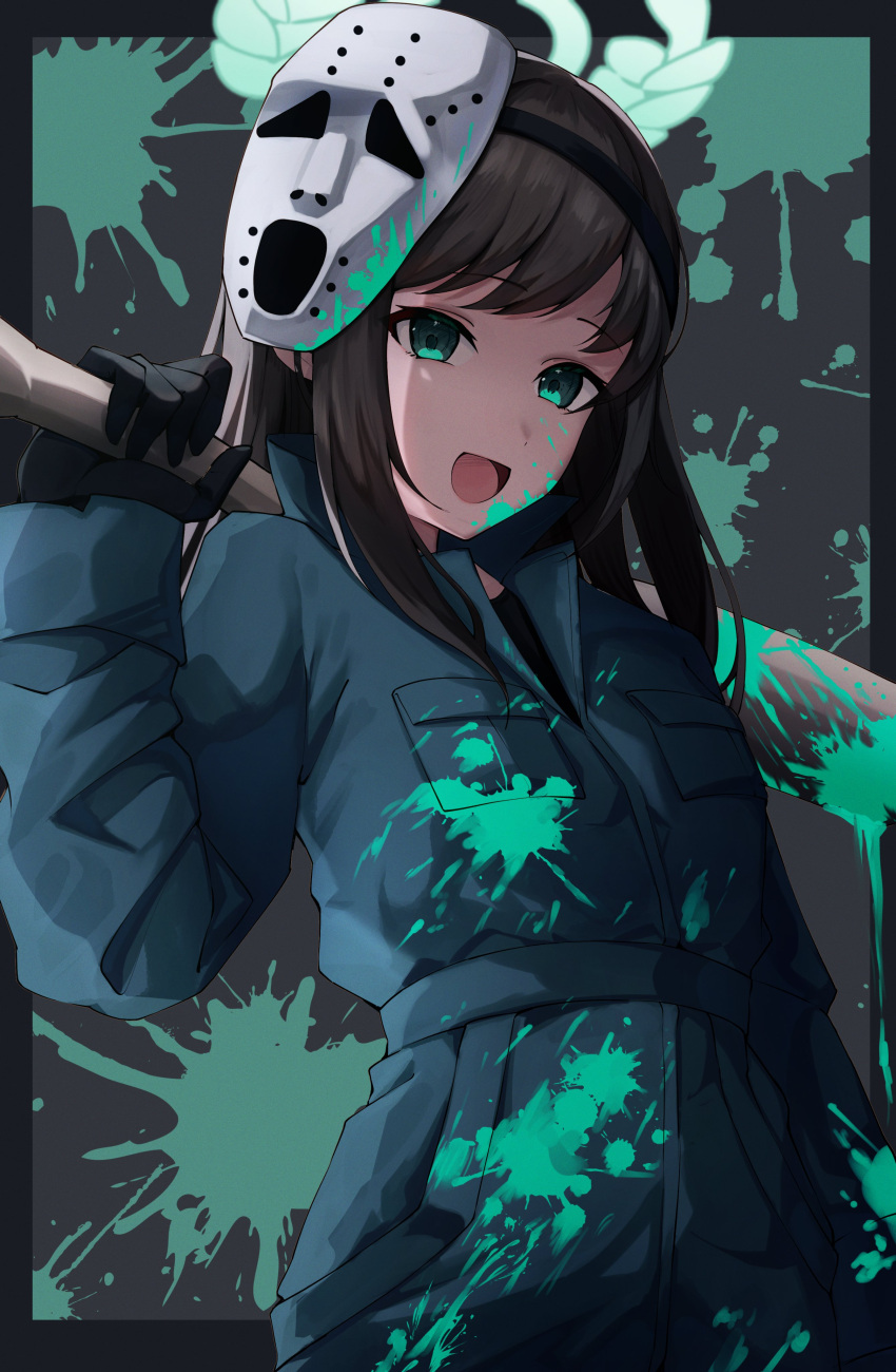 1girl, :d, absurdres, airi_(blue_archive), airi_(halloween)_(blue_archive), baseball_bat, black_border, black_gloves