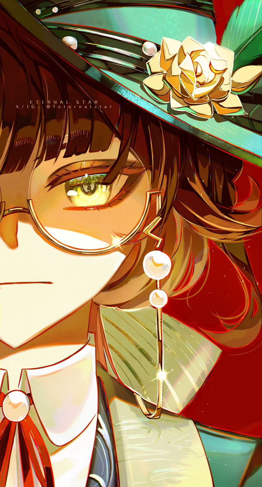 1eternalstar, 1girl, :|, absurdres, artist_name, bow, brown_hair, closed_mouth