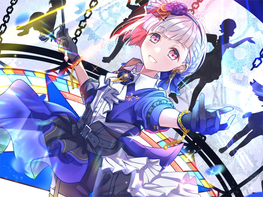 1girl, :d, ascot, black_corset, black_gloves, black_shorts, blue_jacket, bob_cut