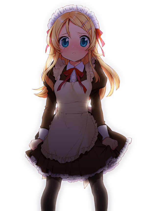 :<, backlighting, bad_id, black_legwear, black_pantyhose, blonde_hair, blue_eyes, blush, clothes_grab, frown, hair_ornament, hairclip, kousaka_kirino, long_hair, looking_at_viewer, maid, maid_headdress, ore_no_imouto_ga_konna_ni_kawaii_wake_ga_nai, pantyhose, simple_background, solo, standing, tears, toire_(kakka), zekkyou_(h9s9)