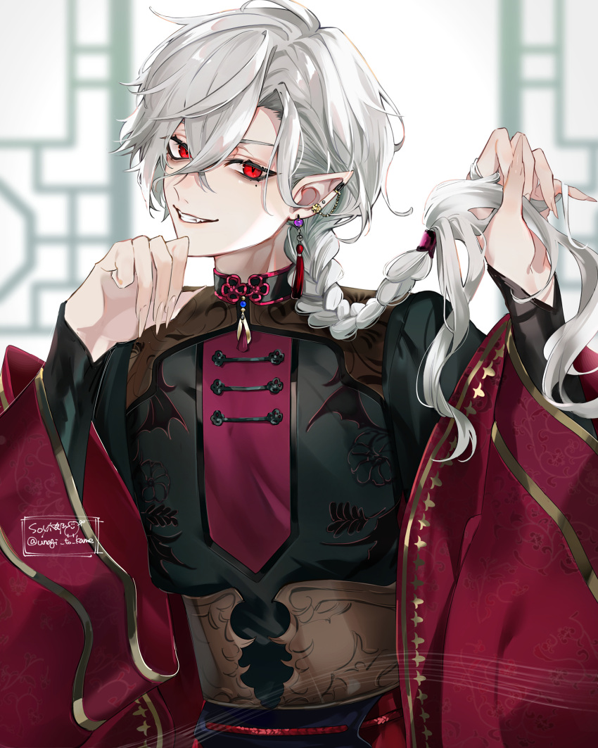 1boy, ahoge, artist_name, black_shirt, braid, chinese_clothes, coat, crossed_bangs