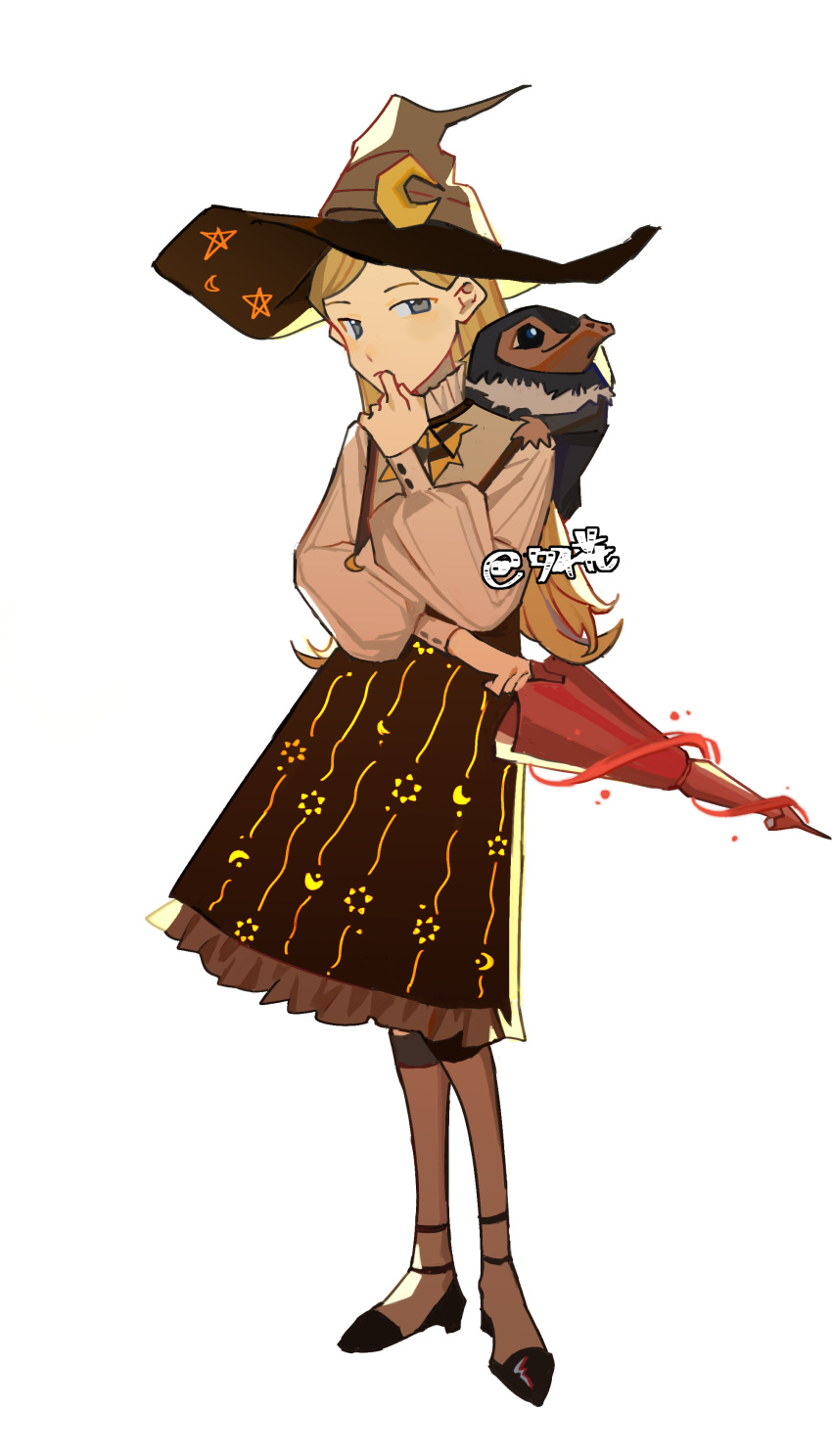 1girl, absurdres, black_shoes, blonde_hair, brown_hat, brown_skirt, character_request, chinese_commentary