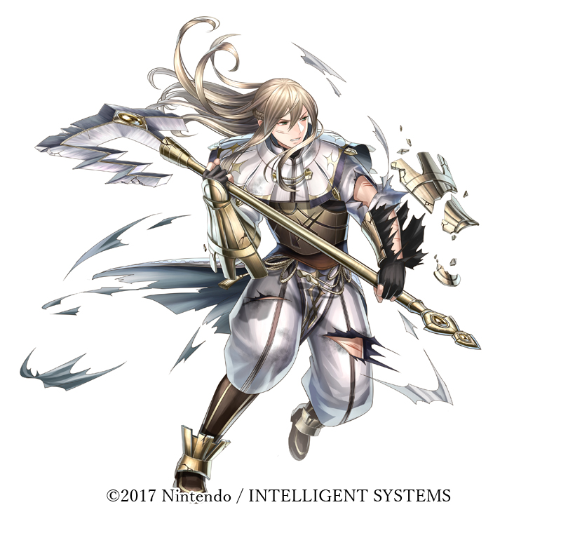 1boy, armor, axe, battle_axe, blonde_hair, boots, broken, broken_armor