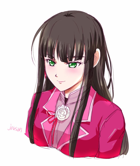1girl, artist_name, black_hair, blunt_bangs, commentary, eiyuu_densetsu, flower, green_eyes