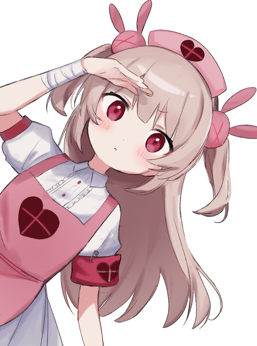 >_<, 1girl, apron, armband, bandaged_arm, bandaged_wrist, bandages, blush