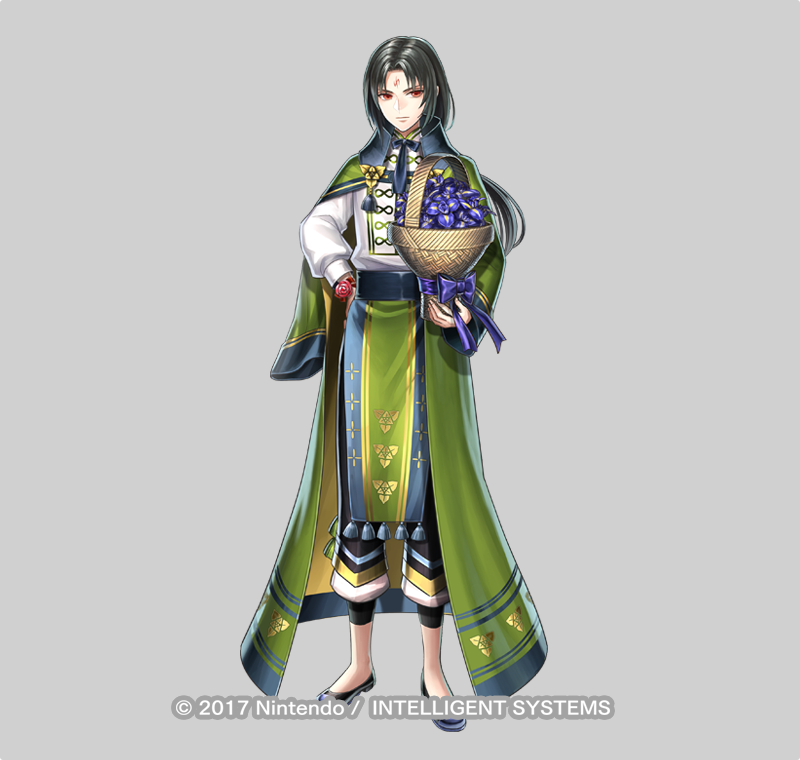 1boy, basket, black_hair, bow, bowtie, cape, copyright_notice, facial_mark