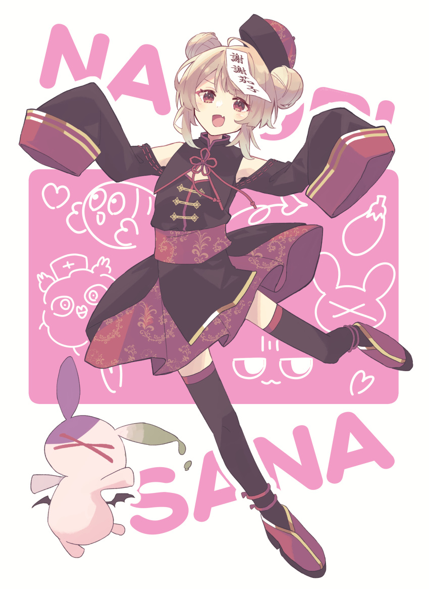 >_<, 1girl, :d, absurdres, black_dress, black_thighhighs, blonde_hair, brown_hair