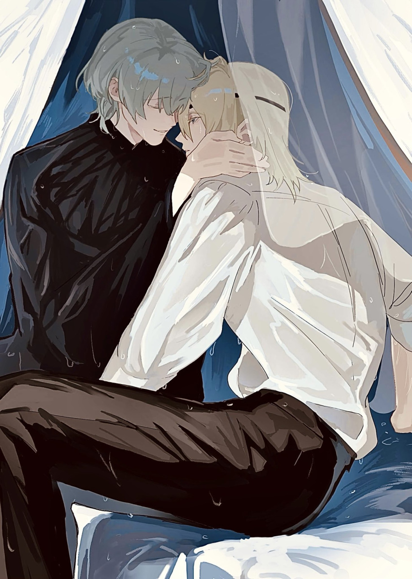 2boys, arm_support, black_pants, black_shirt, blonde_hair, byleth_(fire_emblem), byleth_(male)_(enlightened)_(fire_emblem), byleth_(male)_(fire_emblem), closed_eyes, closed_mouth, commentary_request, dimitri_alexandre_blaiddyd, dimitri_alexandre_blaiddyd_(post_timeskip), eyepatch, feet_out_of_frame, fire_emblem, fire_emblem:_three_houses, forehead-to-forehead, green_hair, hair_between_eyes, hand_on_another's_neck, heads_together, highres, long_sleeves, looking_at_another, male_focus, multiple_boys, on_bed, pants, shirt, shirt_tucked_in, shumatsu3210, sitting, smile, water, wet, wet_clothes, white_shirt
